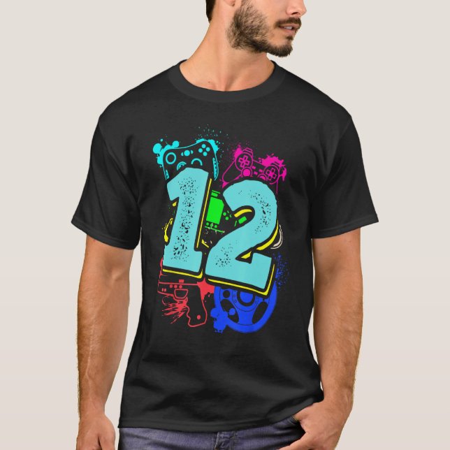 12th Birthday Boy Level 12 Unlocked Video Gamer Bi T-Shirt (Front)