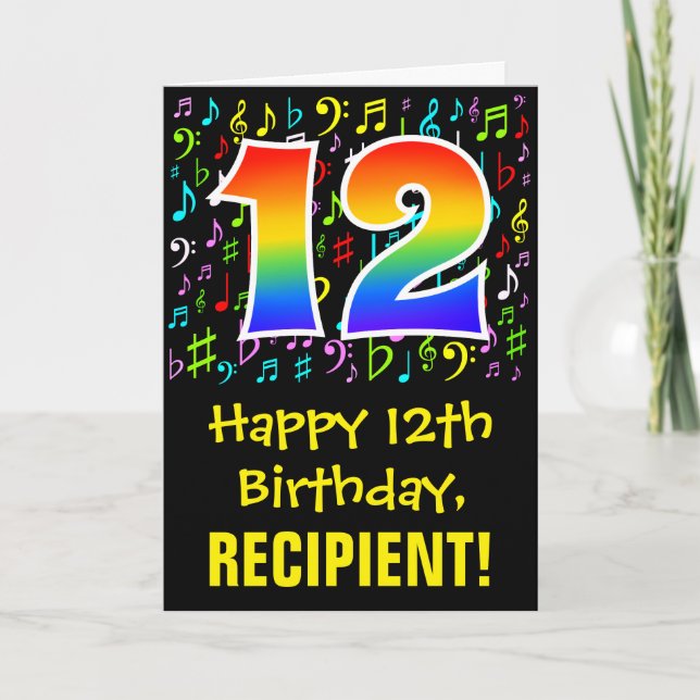 12th Birthday: Colorful Music Symbols + Rainbow 12 Card (Front)