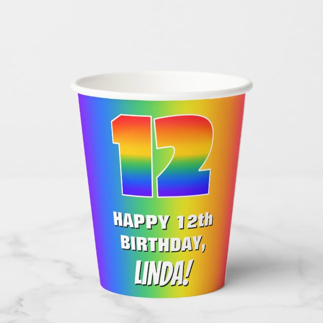 12th Birthday: Colourful, Fun Rainbow Pattern # 12 Paper Cups (Back)
