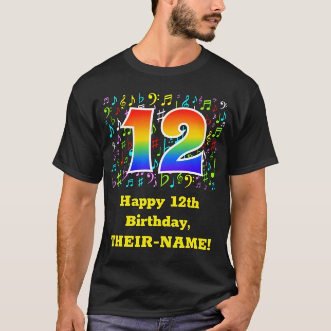 12th Birthday: Colourful Music Symbols, Rainbow 12 T-Shirt (Front)