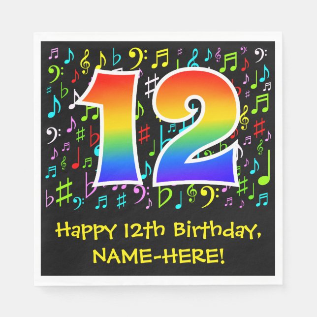 12th Birthday - Colourful Music Symbols, Rainbow 1 Napkin (Front)