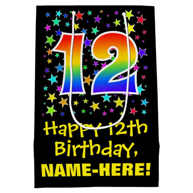 12th Birthday: Colourful Stars Pattern & Rainbow 1 Medium Gift Bag (Back)