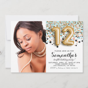 12th Birthday Confetti Gold Portrait Invitation