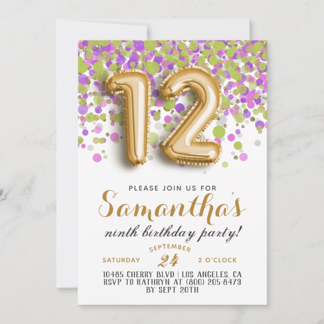 12th Birthday Confetti Invitation (Front)