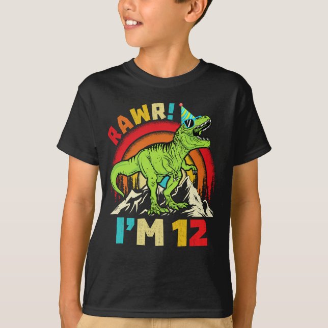 12th Birthday Dinosaur T Rex Rawr I'm 12 For Boys  T-Shirt (Front)