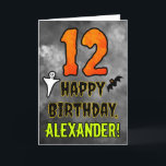 12th Birthday: Eerie Halloween Theme   Custom Name Card<br><div class="desc">The front of this spooky and scary Hallowe’en themed birthday greeting card design features a large number “12”. It also features the message “HAPPY BIRTHDAY, ”, plus a personalized name. There are also depictions of a bat and a ghost on the front. The inside features a custom birthday greeting message,...</div>