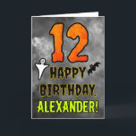 12th Birthday: Eerie Halloween Theme   Custom Name Card<br><div class="desc">The front of this spooky and scary Hallowe’en themed birthday greeting card design features a large number “12”. It also features the message “HAPPY BIRTHDAY, ”, plus a personalized name. There are also depictions of a bat and a ghost on the front. The inside features a custom birthday greeting message,...</div>