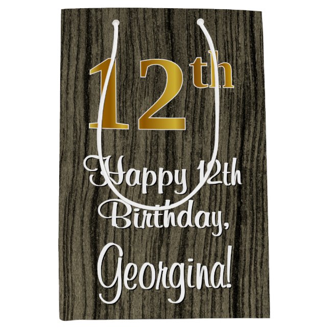 12th Birthday: Elegant Faux Gold Look #, Faux Wood Medium Gift Bag (Front)