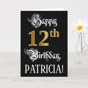 12th Birthday — Fancy Script; Faux Gold Look; Name Card