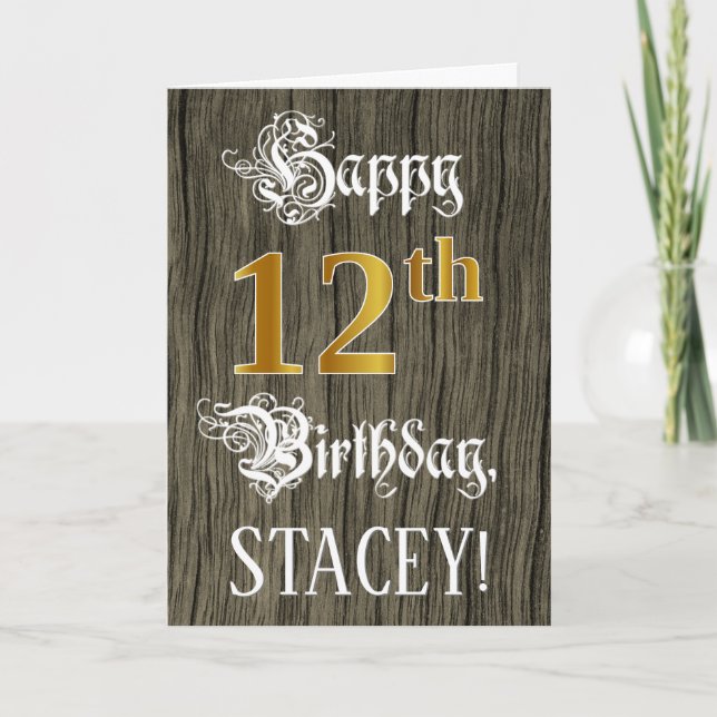 12th Birthday: Faux Gold Look + Faux Wood Pattern Card (Front)