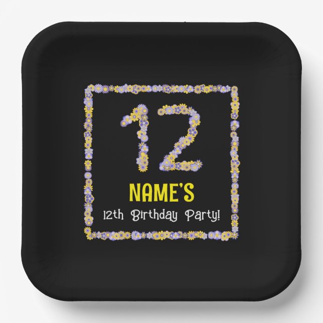 12th Birthday: Floral Flowers Number, Custom Name Paper Plate (Front)