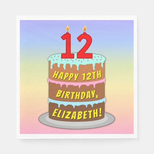12th Birthday: Fun Cake and Candles + Custom Name Napkin (Front)