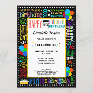 12th Birthday Fun Colour Crazy Text on Black Party Invitation