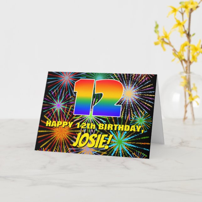 12th Birthday: Fun, Colourful Celebratory Firework Card (Yellow Flower)