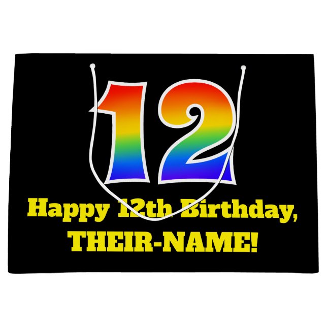 12th Birthday ~ Fun, Colourful, Vibrant, Rainbow 1 Large Gift Bag (Front)