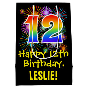 12th Birthday: Fun Fireworks Pattern + Rainbow 12 Medium Gift Bag