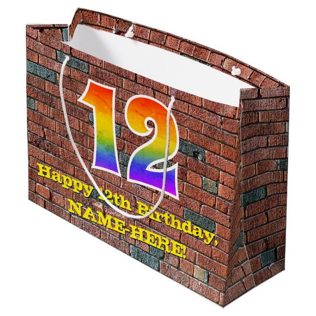 12th Birthday: Fun, Graffiti-Inspired Rainbow # 12 Large Gift Bag (Back Angled)