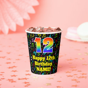 12th Birthday: Fun Music Notes Pattern, Rainbow 12 Paper Cups