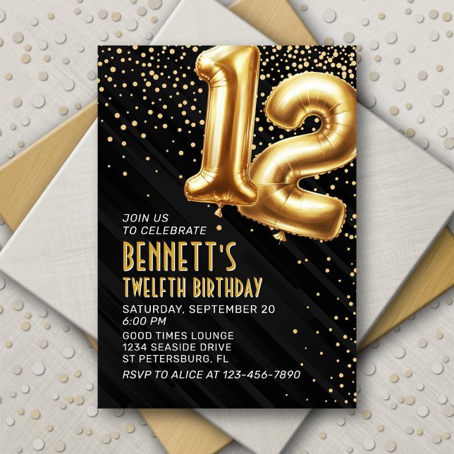 12th Birthday Gold Black Invitation (Creator Uploaded)