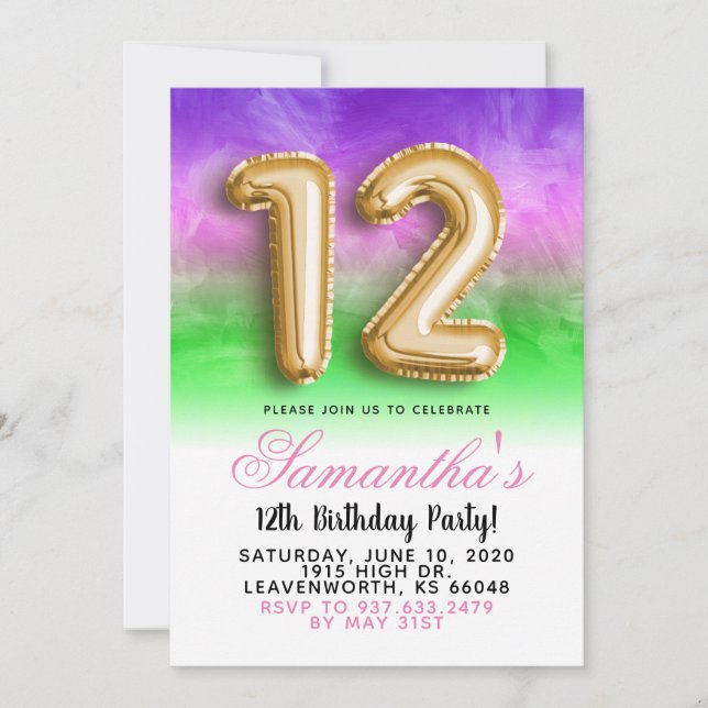 12th Birthday Gradient Invitation (Front)