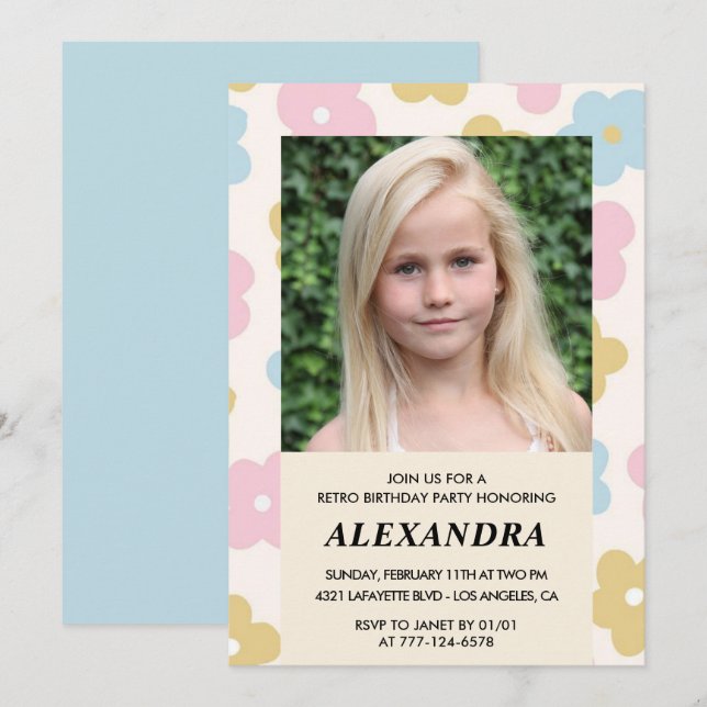 12th birthday invitation Retro Groovy Flowers Cute (Front/Back)