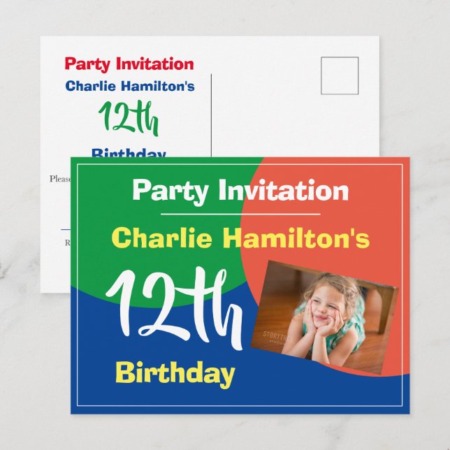 12th Birthday Invitation with Photo Postcard (Front/Back)