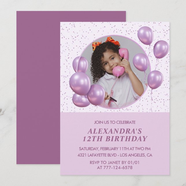 12th birthday invitations Balloons Photo Purple (Front/Back)