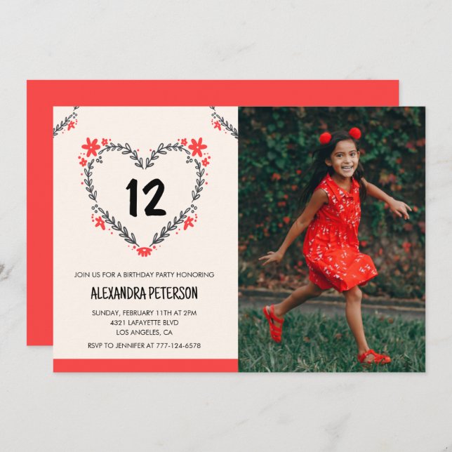 12th birthday invitations for her Floral Heart (Front/Back)