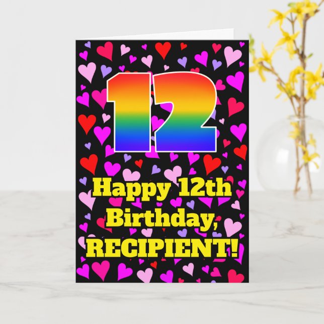 12th Birthday: Loving Hearts Pattern, Rainbow # 12 Card (Yellow Flower)