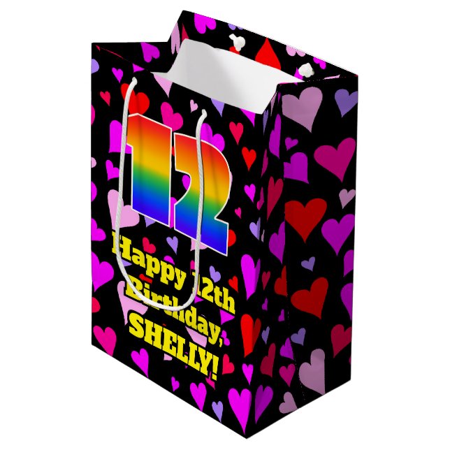 12th Birthday: Loving Hearts Pattern, Rainbow # 12 Medium Gift Bag (Front Angled)