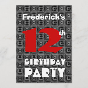 12th Birthday Modern Teen Black and White Pattern Invitation