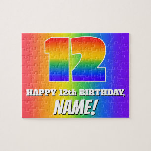 12th Birthday — Multicolored Rainbow Pattern “12” Jigsaw Puzzle