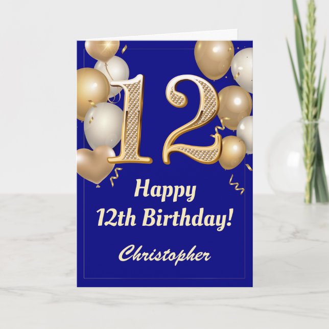 12th Birthday Navy Blue and Gold Balloons Confetti Card (Front)