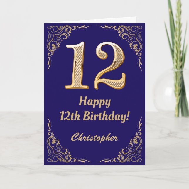 12th Birthday Navy Blue and Gold Glitter Frame Card (Front)