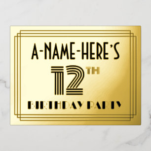 12th Birthday Party ~ Art Deco Style “12” + Name Foil Invitation Postcard