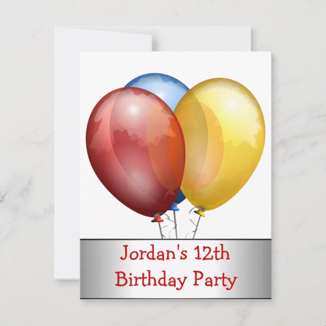 12th Birthday Party Balloons Red Blue Yellow Invitation (Front)