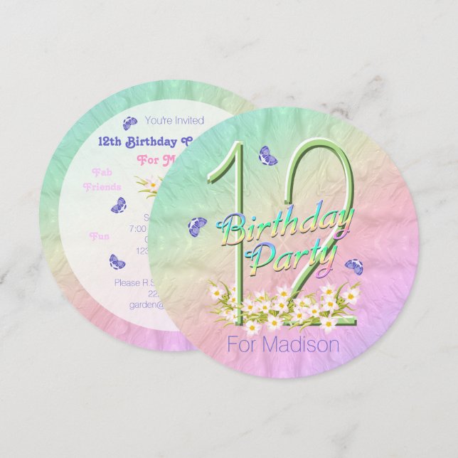 12th Birthday Party Butterfly Rainbow Invitations (Front/Back)