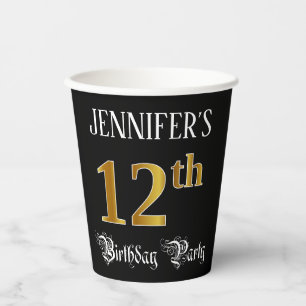 12th Birthday Party — Fancy Script, Faux Gold Look Paper Cups