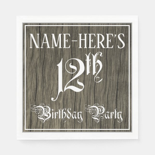 12th Birthday Party — Fancy Script, Faux Wood Look Napkin (Front)