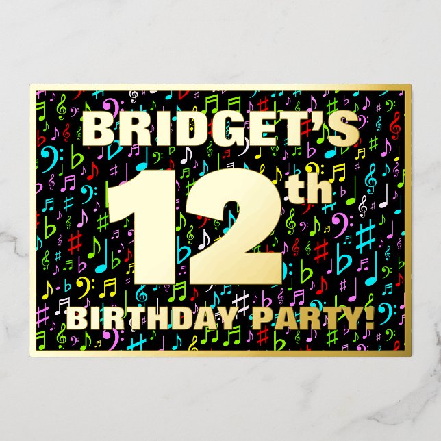 12th Birthday Party — Fun, Colorful Music Symbols (Front)