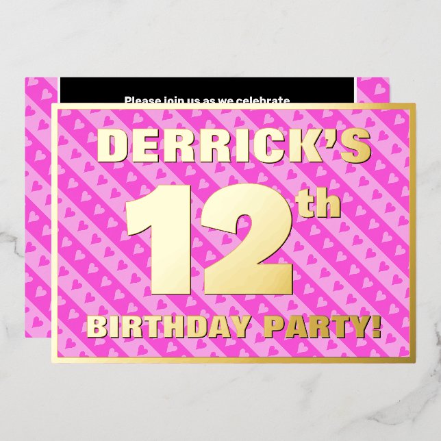 12th Birthday Party — Fun Pink Hearts and Stripes (Front/Back)