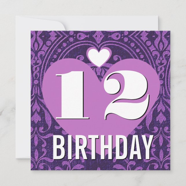 12th Birthday Party Hearts Purple Damask V20 Invitation (Front)