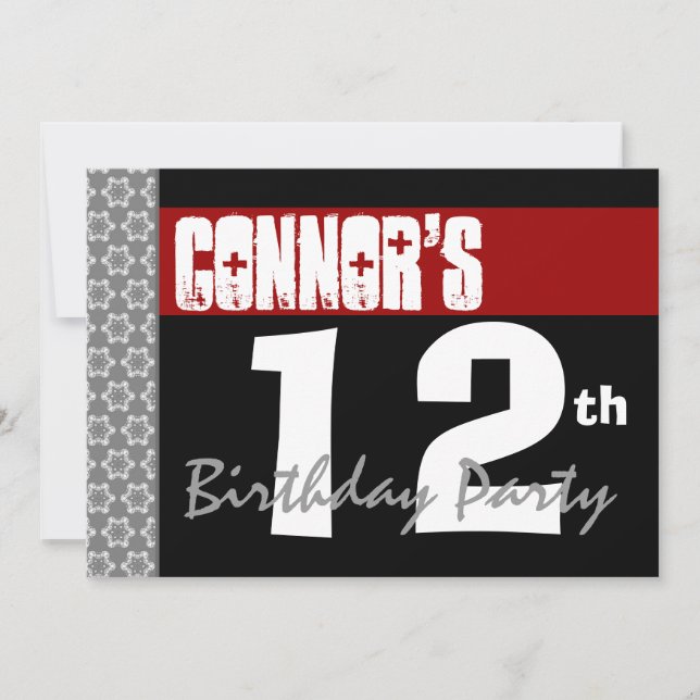 12th Birthday Party Modern Red Black and White Invitation (Front)