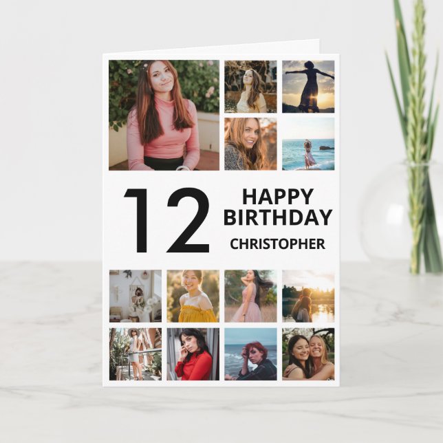 12th Birthday Photo Collage 13 Photos Black White Card (Front)