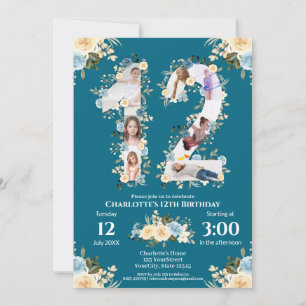 12th Birthday Photo Teal Collage Yellow Flower Invitation