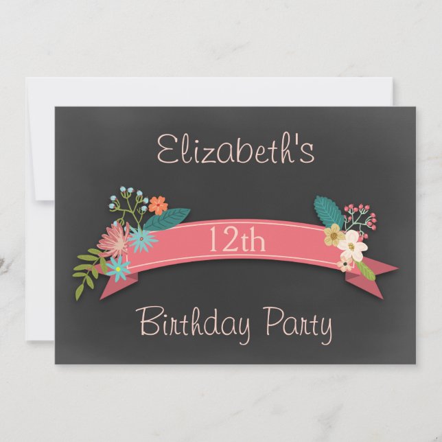 12th Birthday Pink Banner Flowers Chalkboard Invitation (Front)