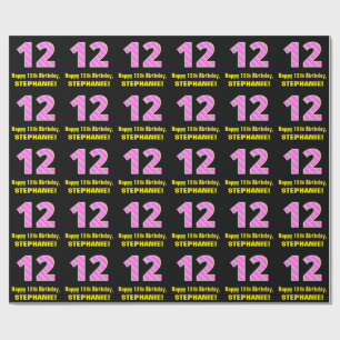 12th Birthday: Pink Stripes and Hearts "12" + Name Wrapping Paper