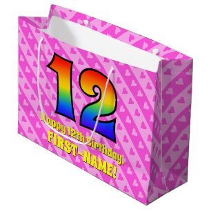 12th Birthday: Pink Stripes & Hearts, Rainbow # 12 Large Gift Bag