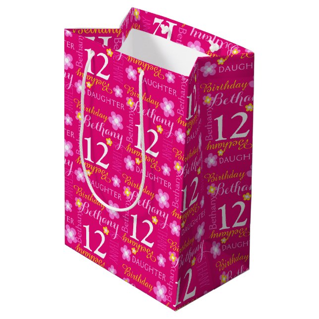 12th Birthday pink yellow custom name gift bag (Back Angled)
