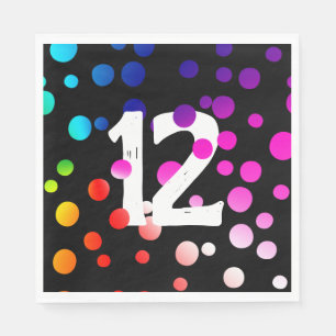 12th Birthday Rainbow Dots on Black  Napkin